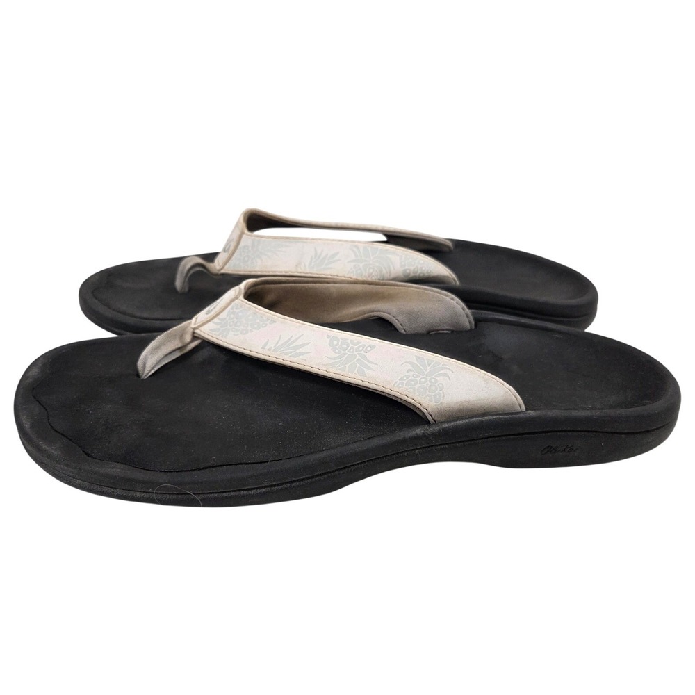 OluKai Ohana‎ Womens 8 Black White Pineapple Print Flip Flop Sandals 20110 BHQ
